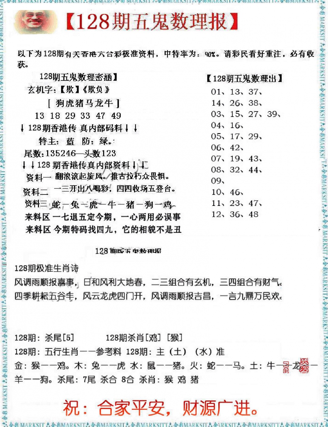 六合彩128期五鬼数理报