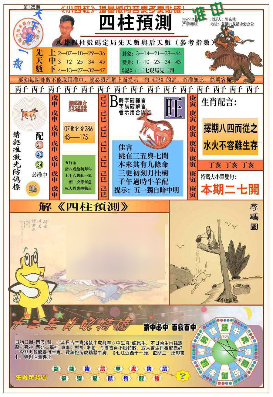 六合彩128期(新版)四柱预测A