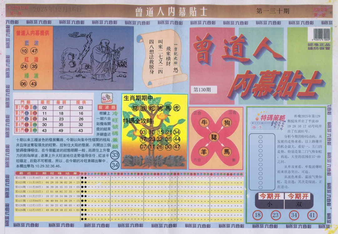 六合彩130期曾道人内幕贴士A