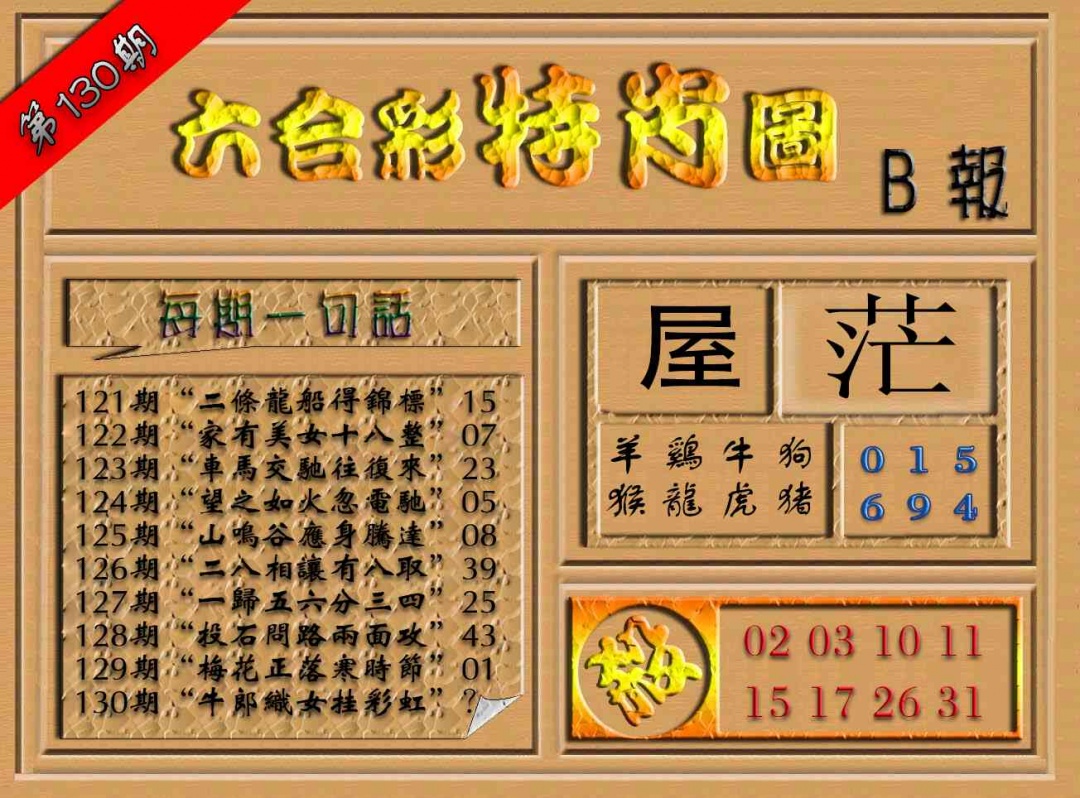 六合彩130期六合彩特肖图（B报）