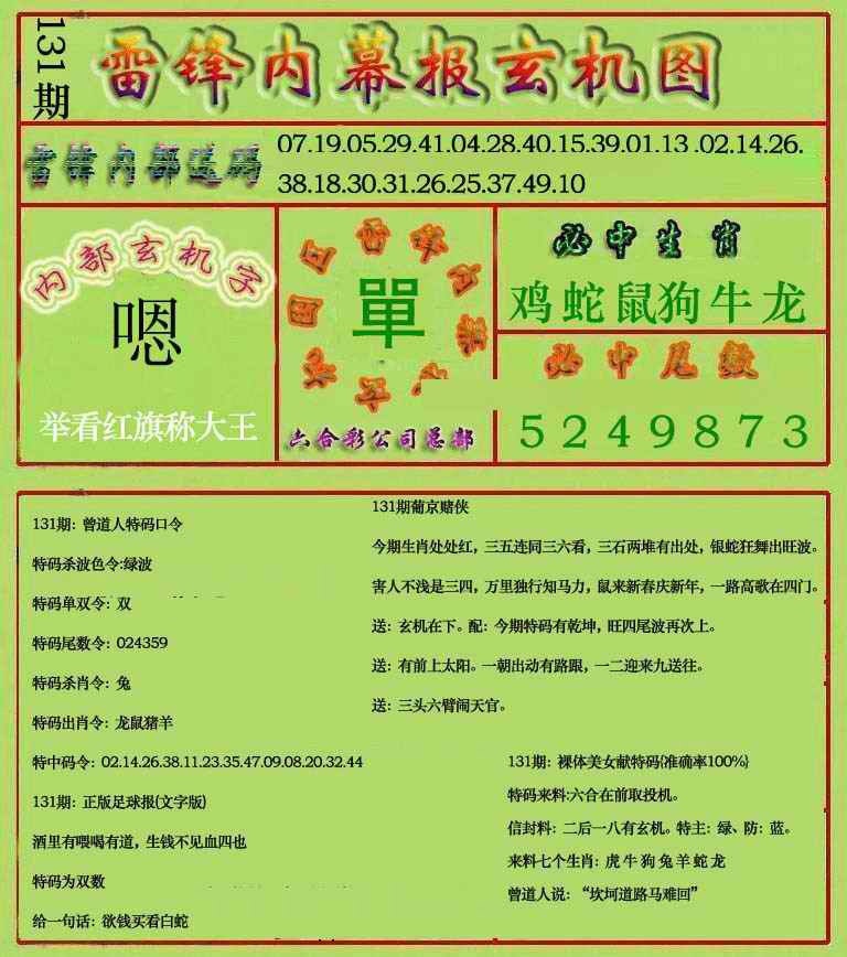 六合彩131期雷锋玄机报(新上市)