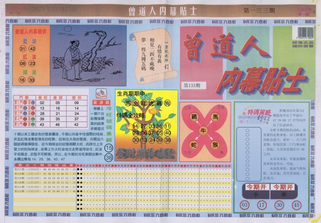 六合彩133期曾道人内幕贴士A