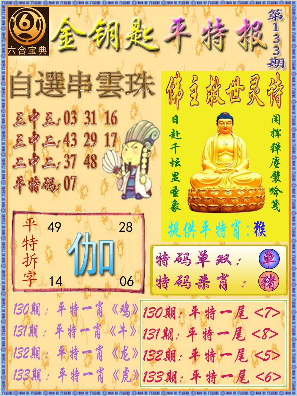 六合彩133期金钥匙平特报