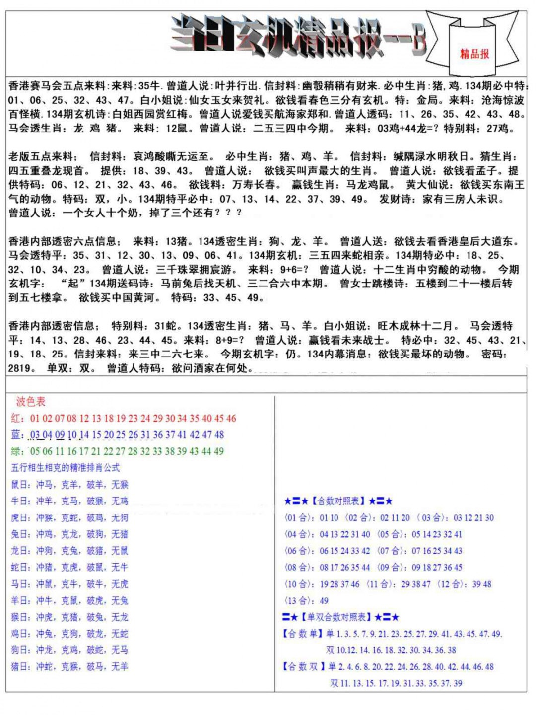 六合彩134期当日玄机精品报B