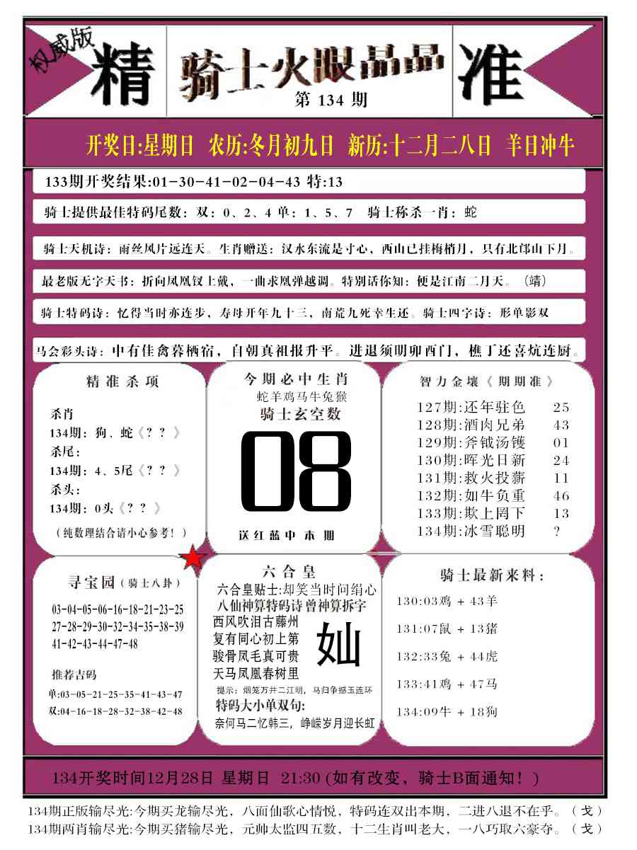 六合彩134期骑士火眼晶晶b