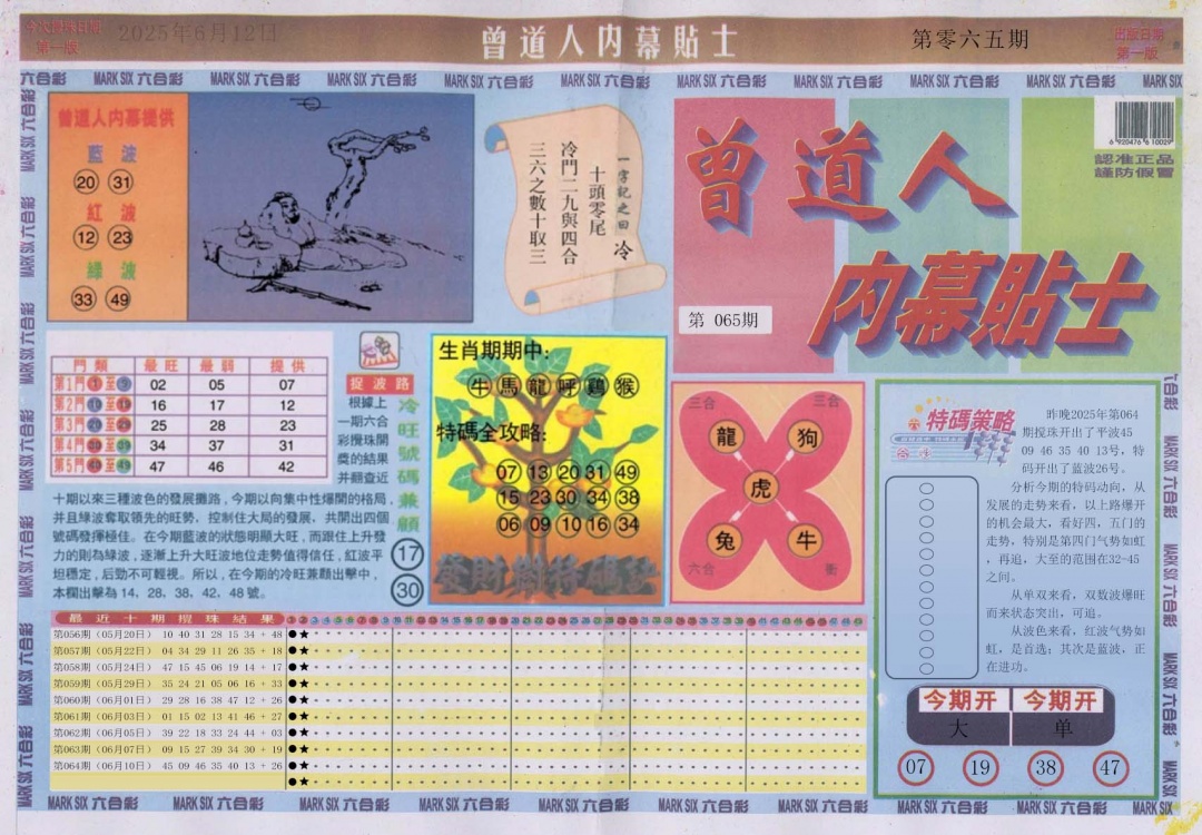 六合彩065期曾道人内幕贴士A