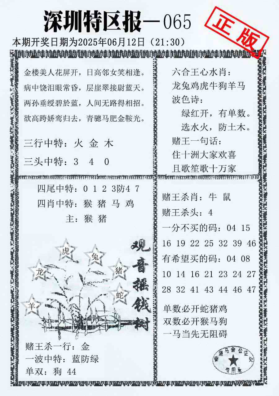 六合彩065期深圳特区报A