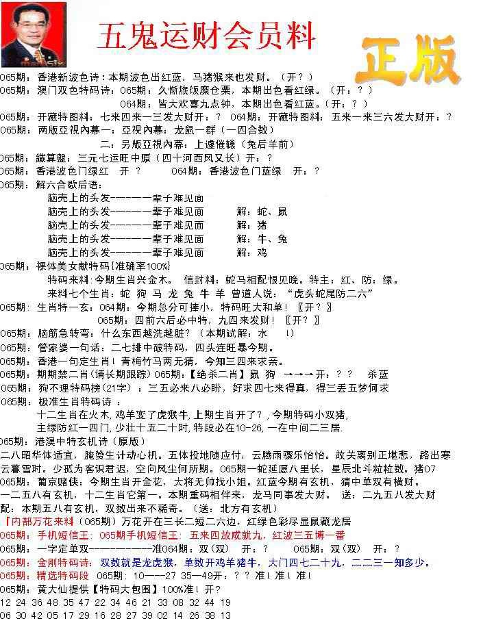 六合彩065期正版五鬼运财会员料