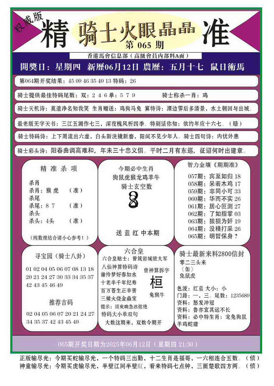 六合彩065期骑士火眼晶晶a