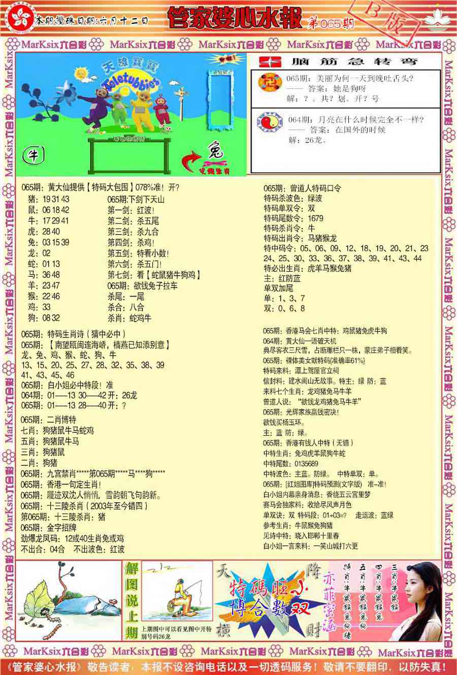 六合彩065期管家婆心水报B