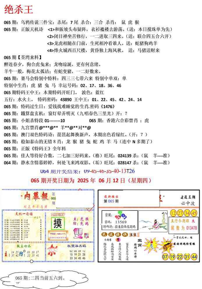 六合彩065期蓝天报(绝杀王)