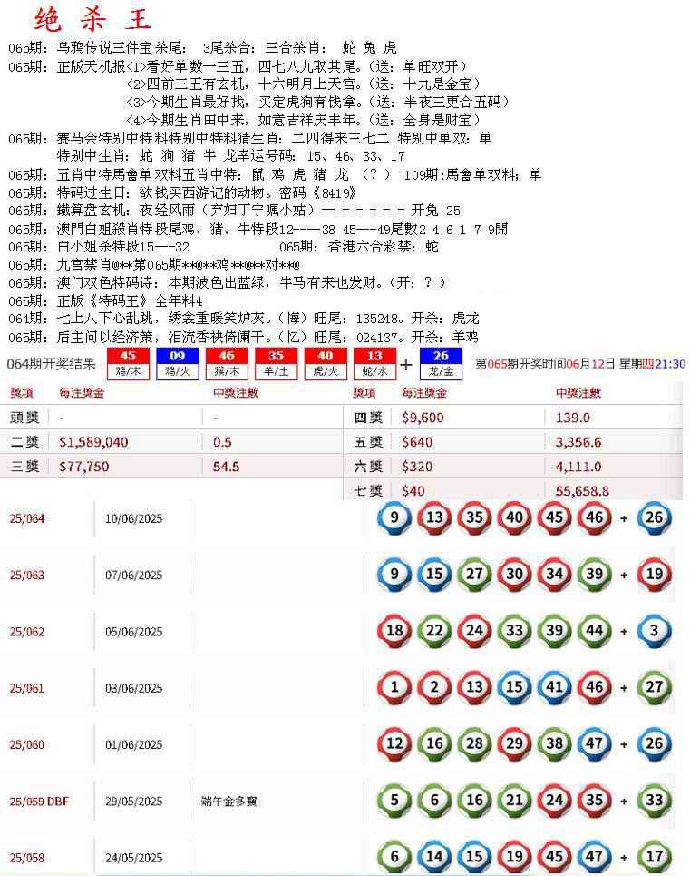 六合彩065期蓝天报B