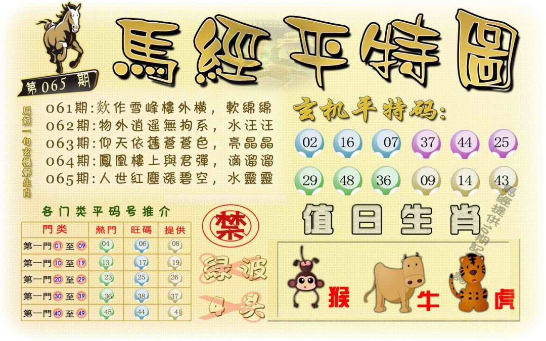 六合彩065期马经平特图（荐）
