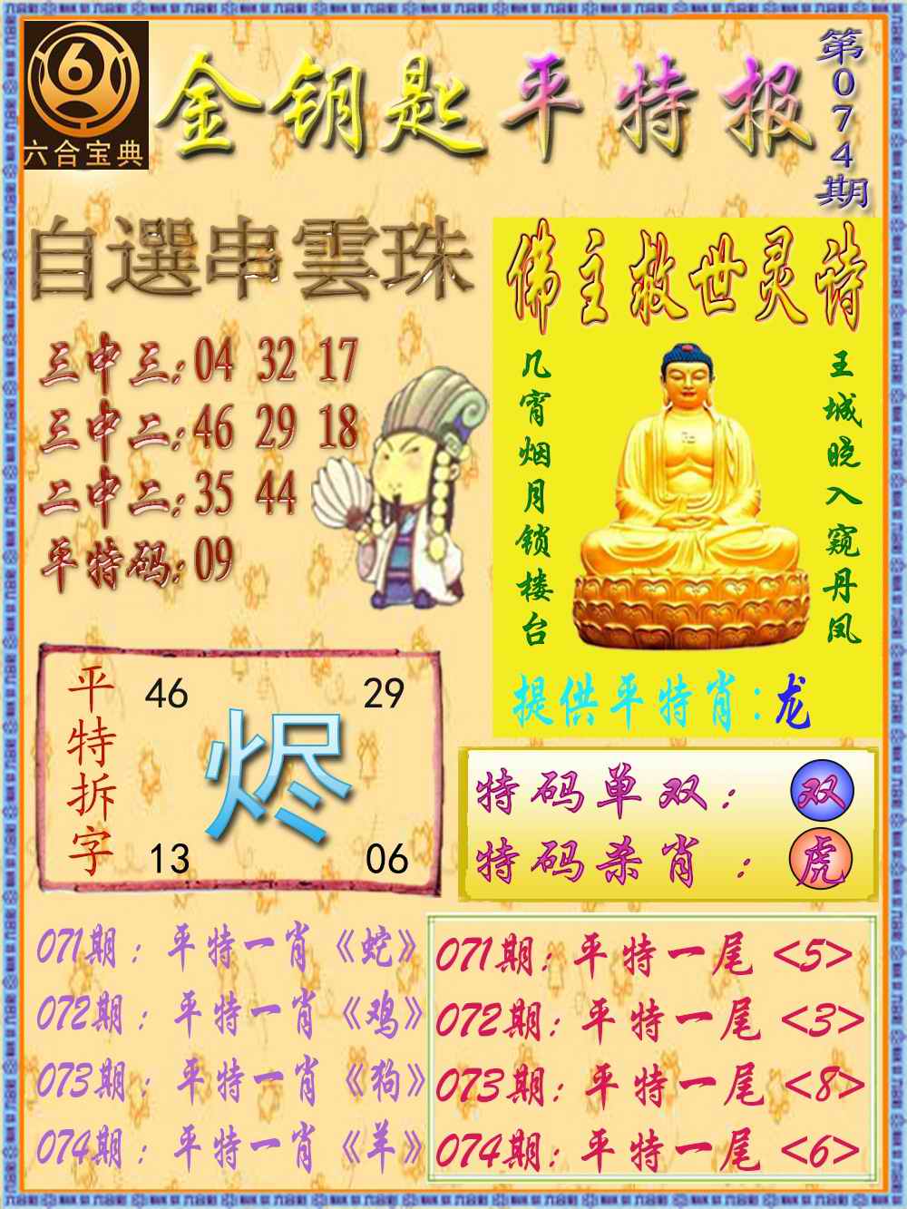 六合彩074期金钥匙平特报