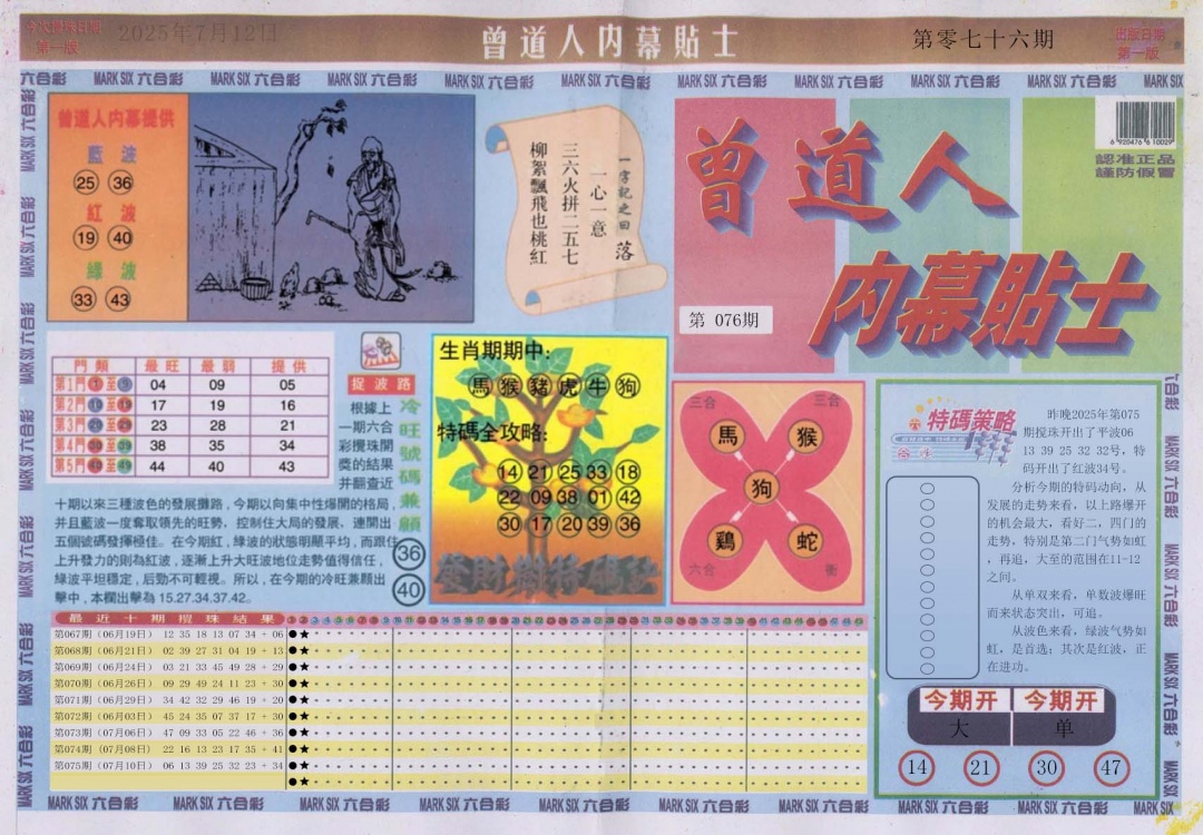 六合彩076期曾道人内幕贴士A