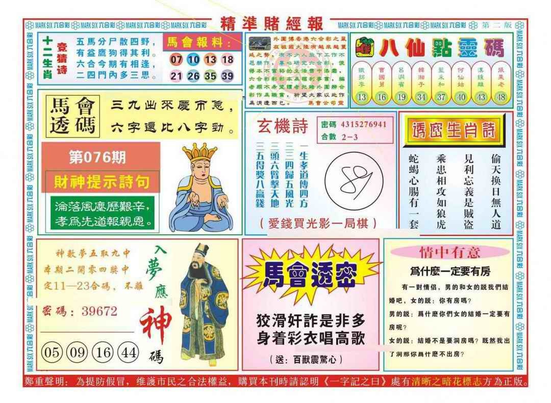 六合彩076期精准赌经报B（新图）