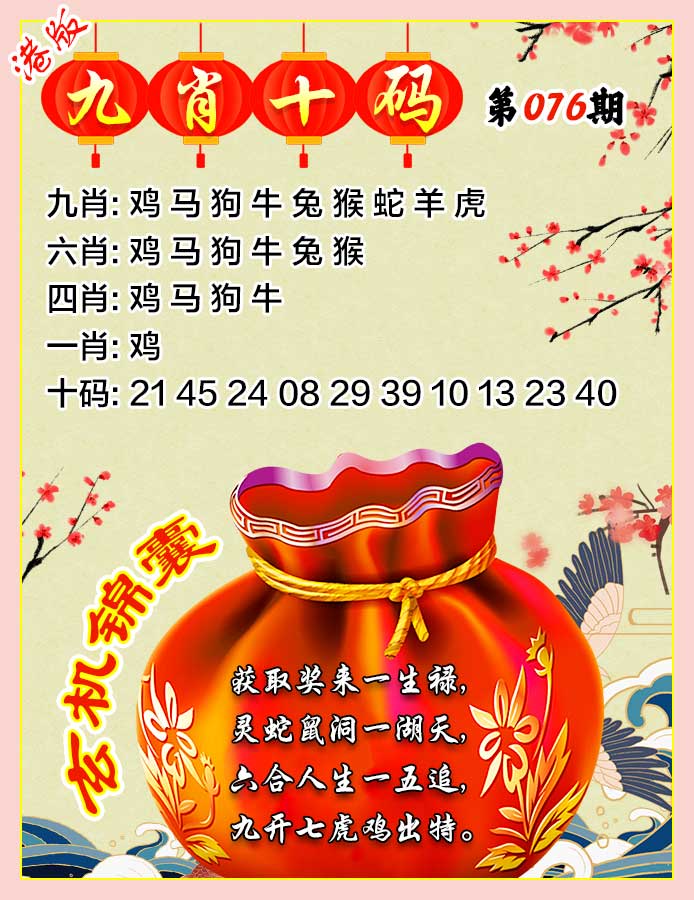 六合彩076期九肖十码