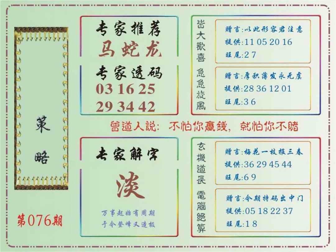 六合彩076期马经策略