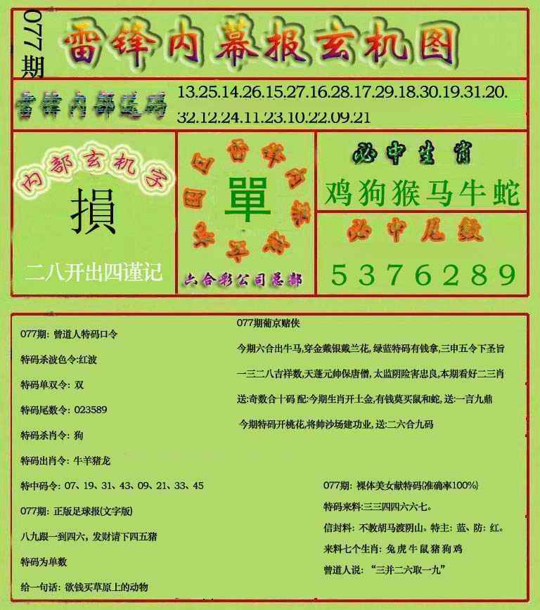 六合彩077期雷锋玄机报(新上市)