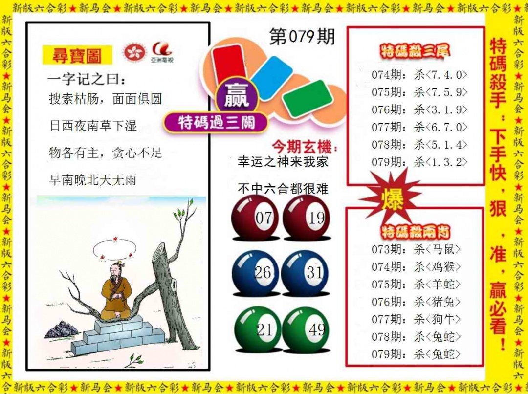 六合彩079期特码过三关