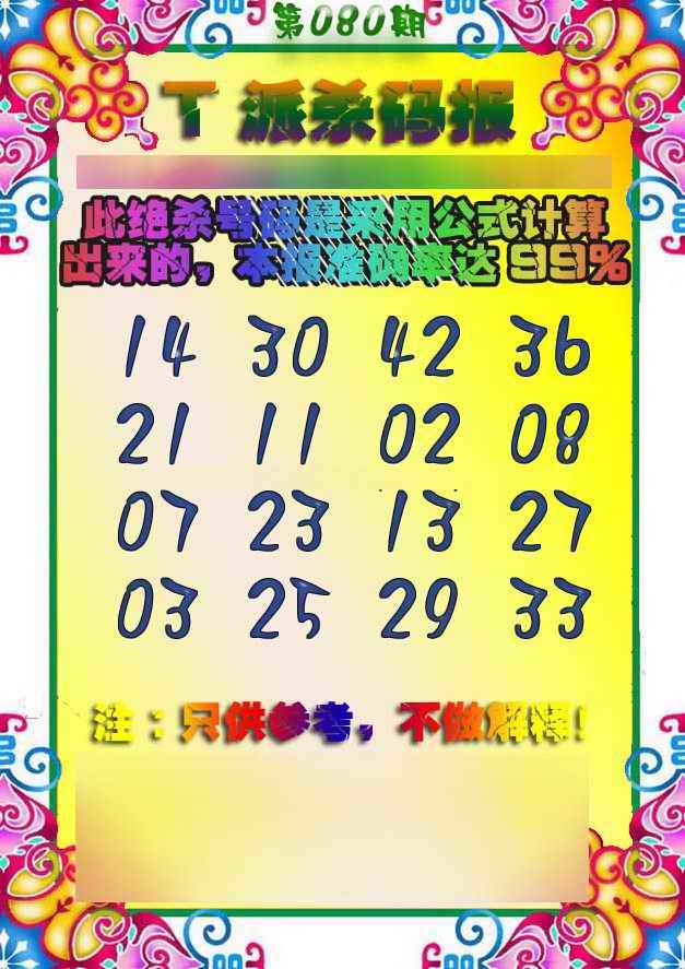 六合彩080期T派杀码报
