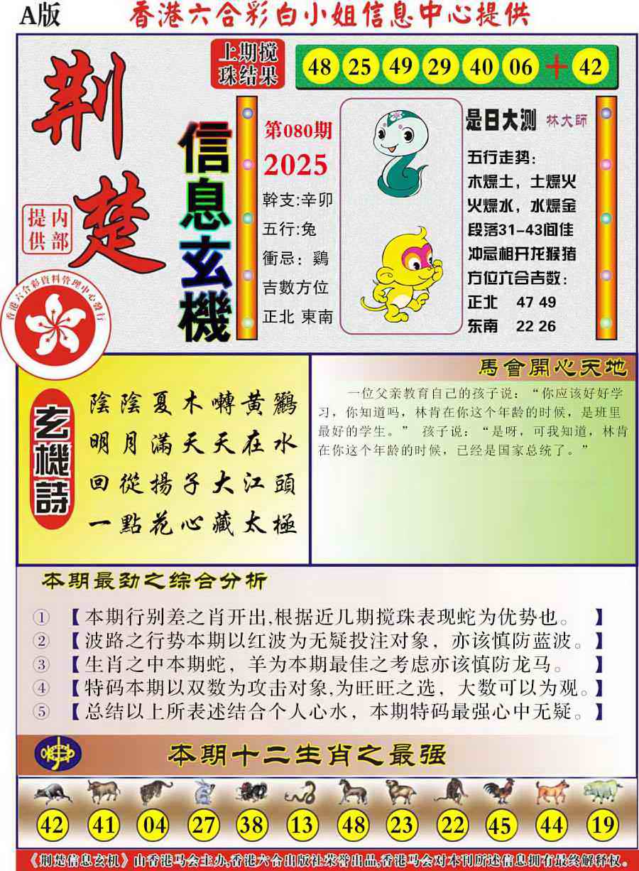六合彩080期荆楚信息玄机A