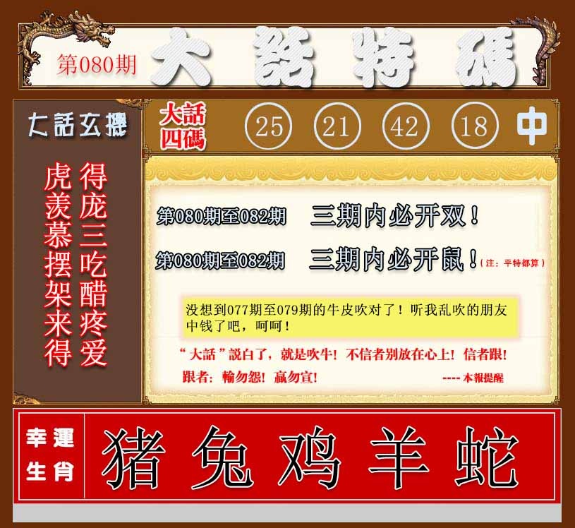 六合彩080期大话特码