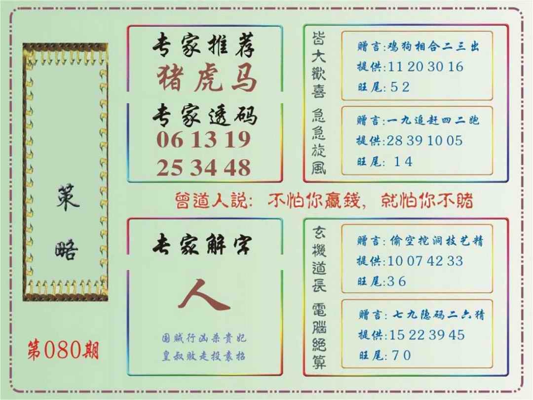 六合彩080期马经策略