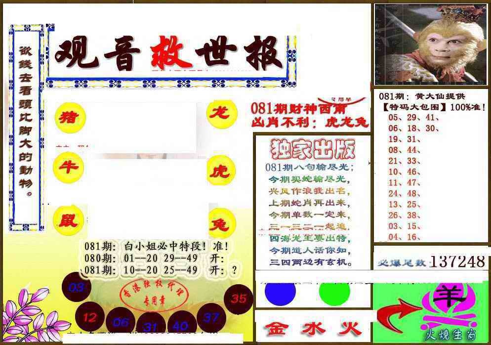 六合彩081期(另版)观音救世密报