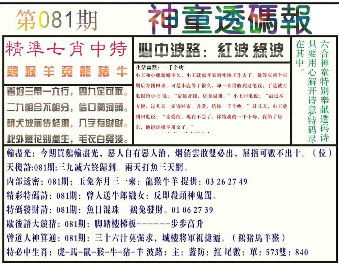 六合彩081期神童透码报(正版)