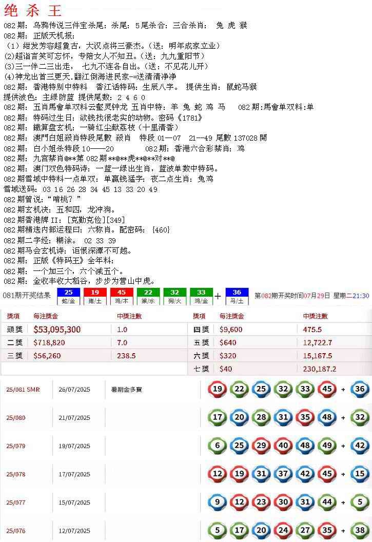 六合彩082期蓝天报B