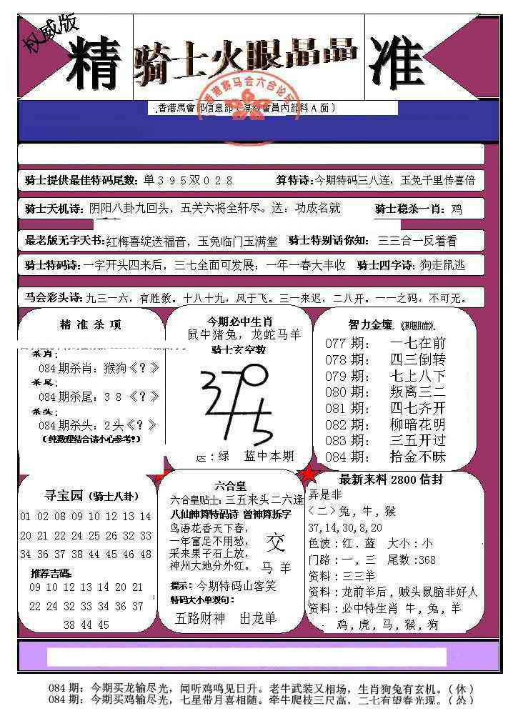 六合彩084期骑士火眼晶晶（正）