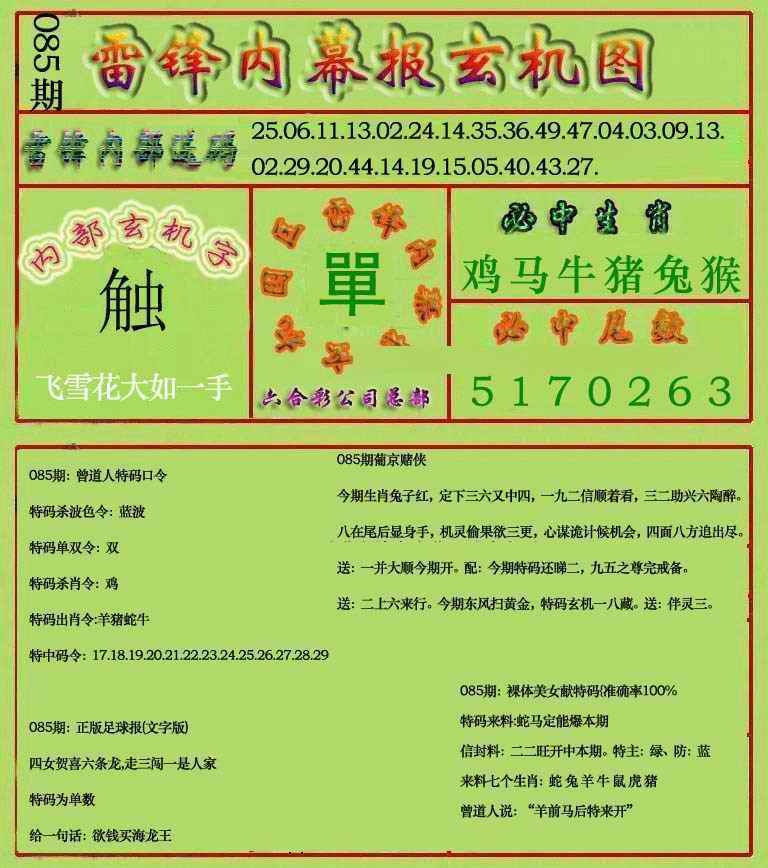 六合彩085期雷锋玄机报(新上市)