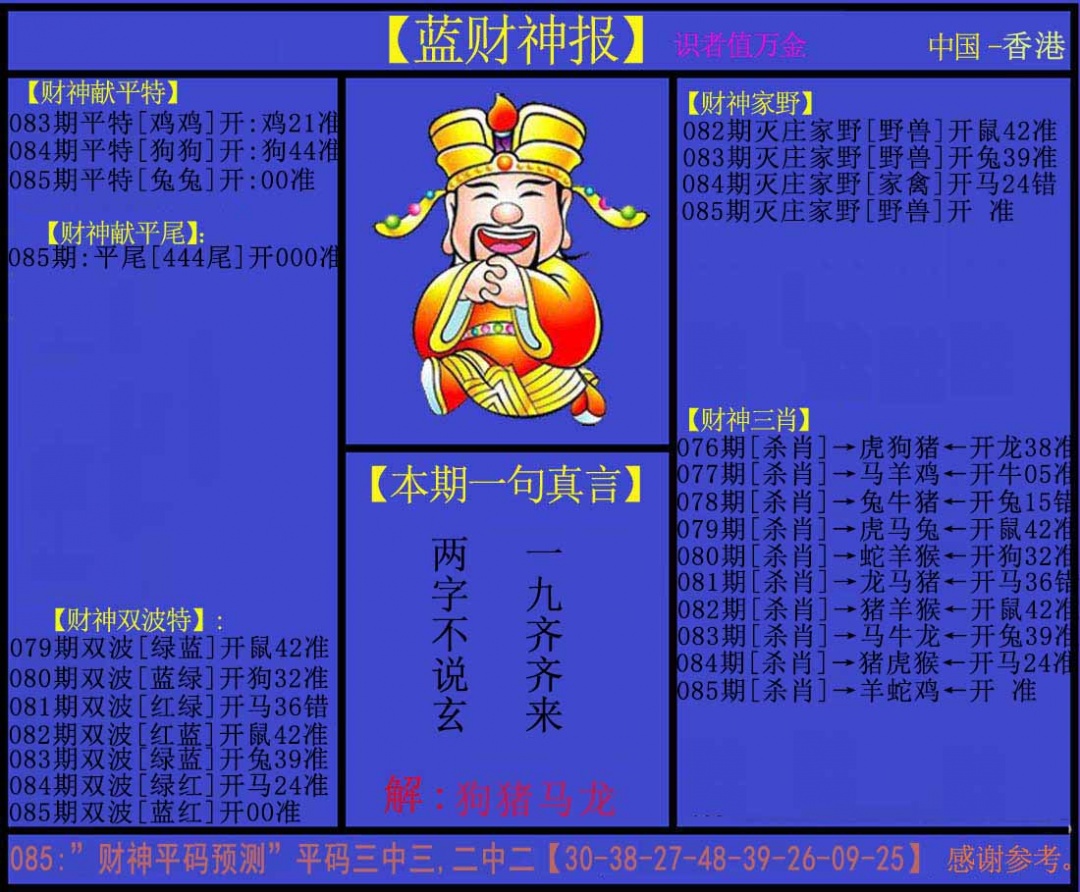 六合彩085期蓝财神
