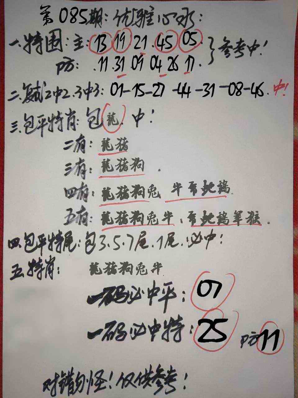 六合彩085期优雅心水