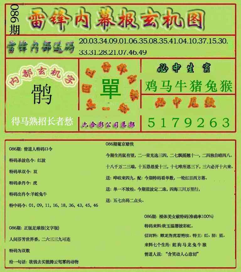 六合彩086期雷锋玄机报(新上市)