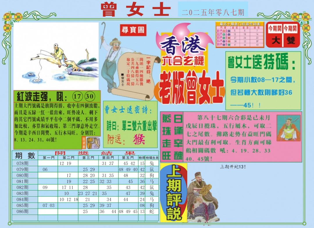 六合彩087期老版曾女士A