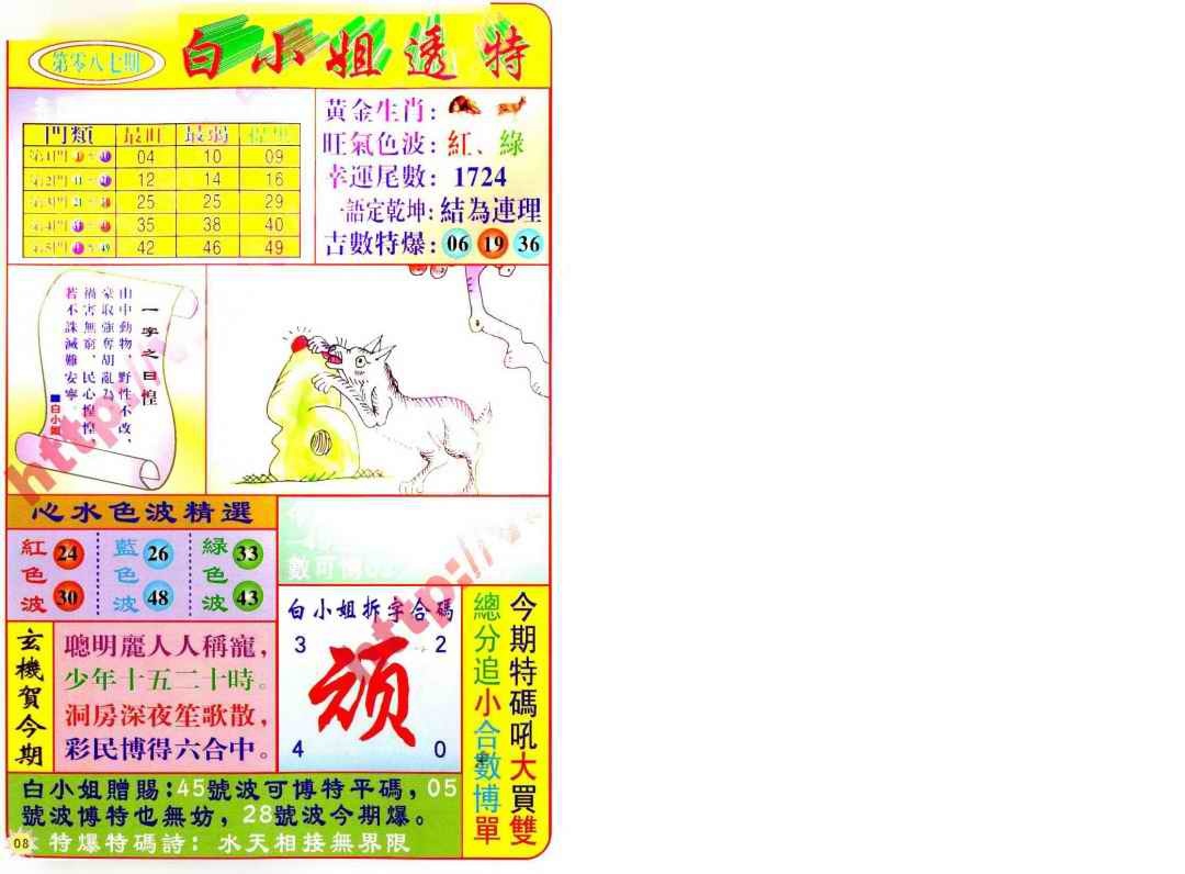 六合彩087期白小姐透特