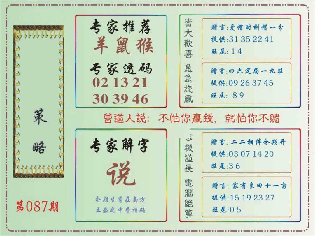 六合彩087期马经策略