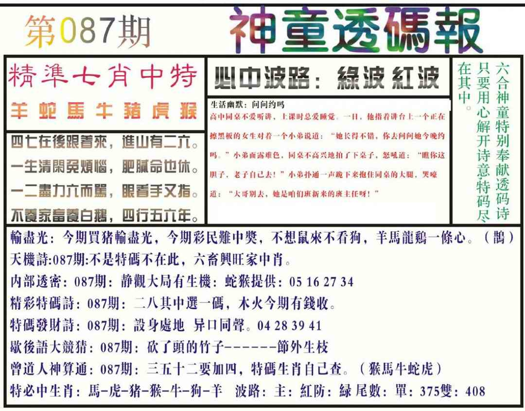 六合彩087期神童透码报(正版)