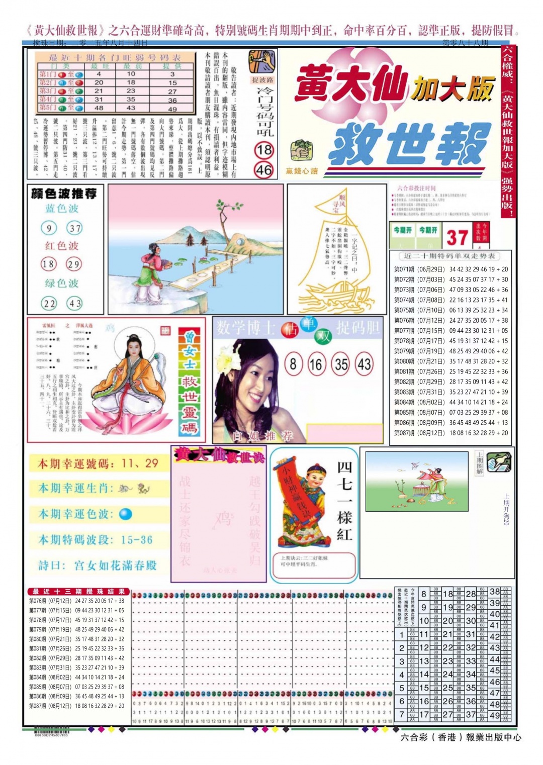 六合彩088期黄大仙救世A加大版