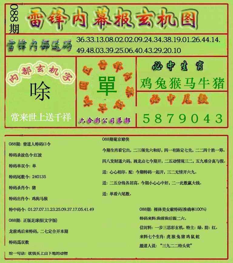 六合彩088期雷锋玄机报(新上市)
