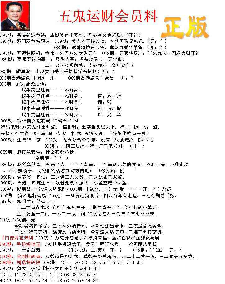 六合彩090期正版五鬼运财会员料