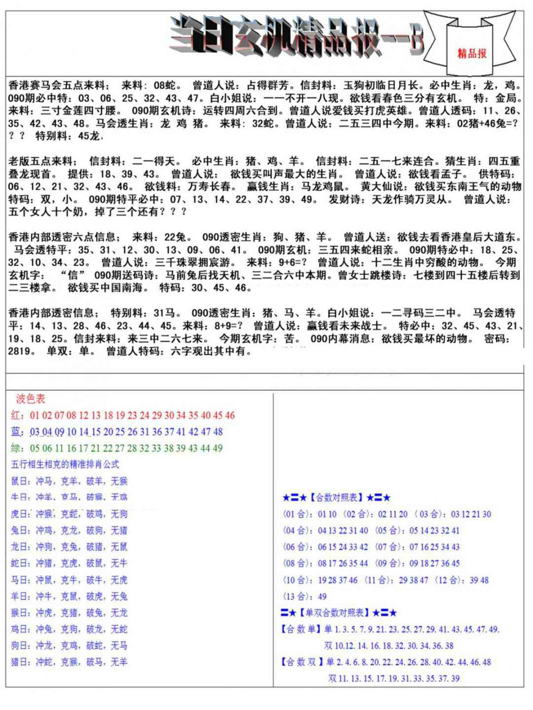 六合彩090期当日玄机精品报B