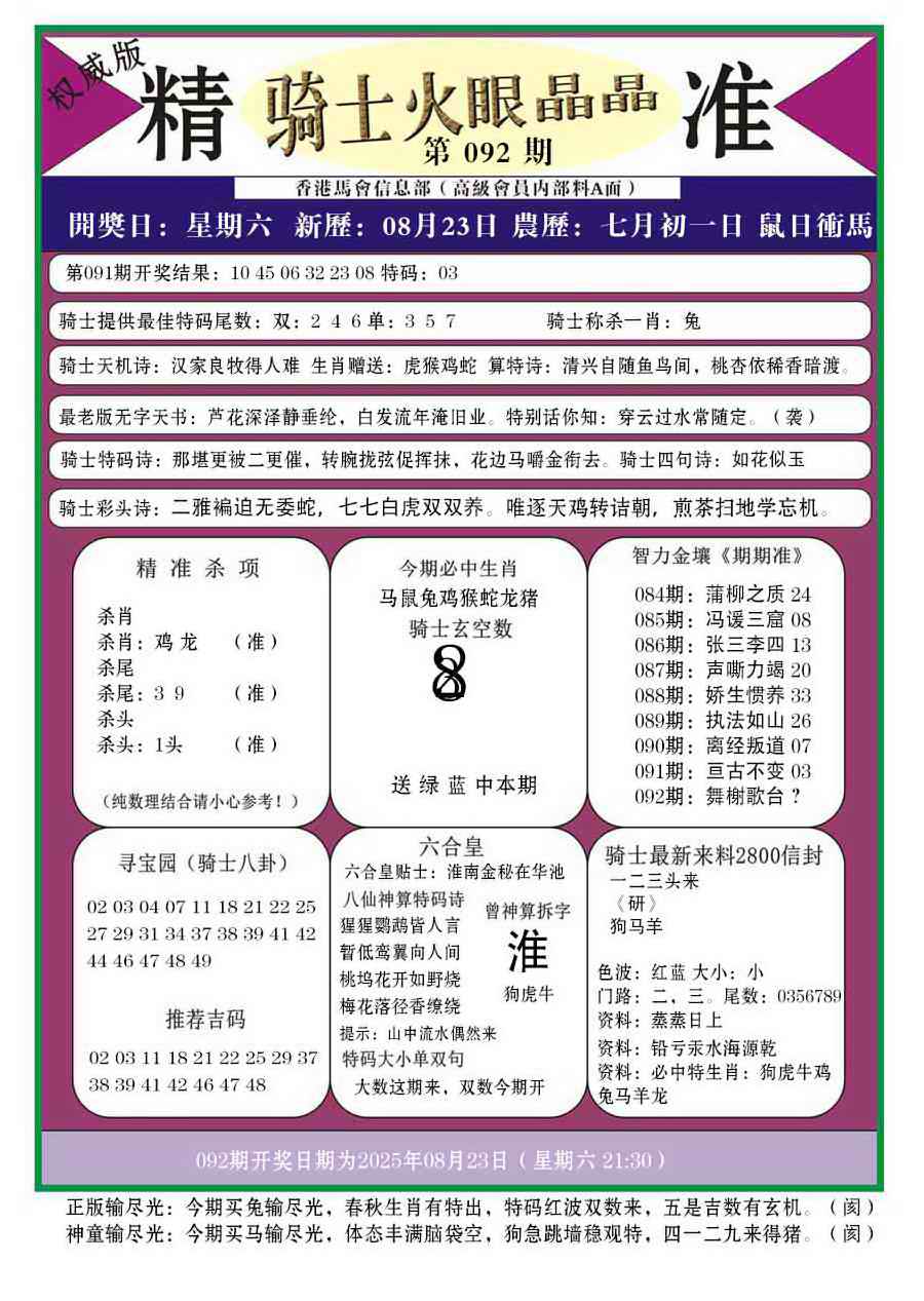 六合彩092期骑士火眼晶晶a