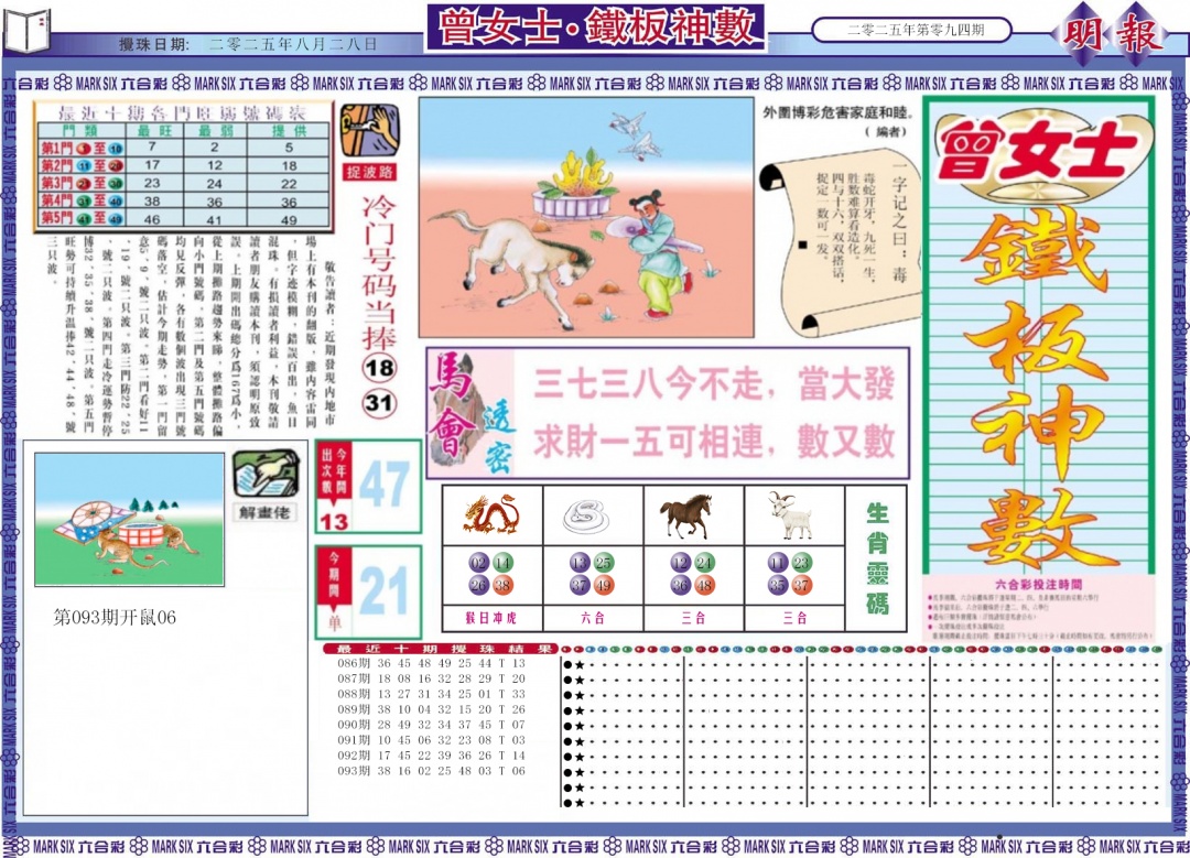 六合彩094期曾女士铁板神数A