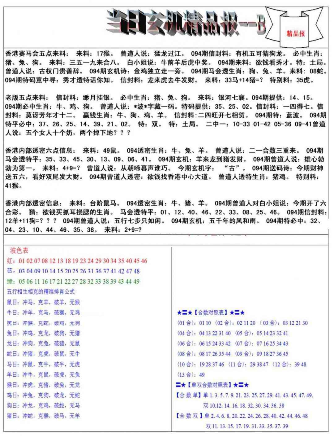 六合彩094期当日玄机精品报B