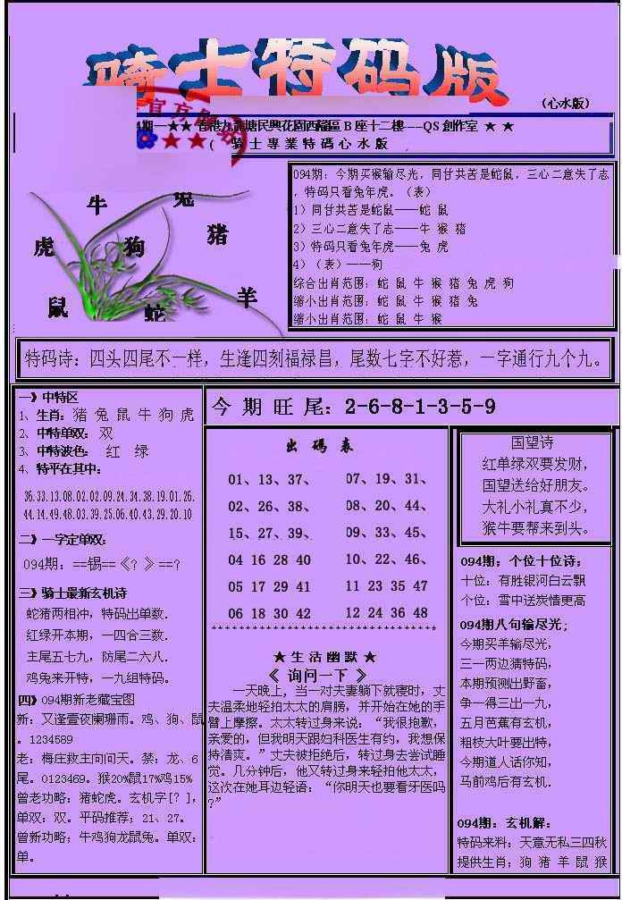 六合彩094期另骑士特码版