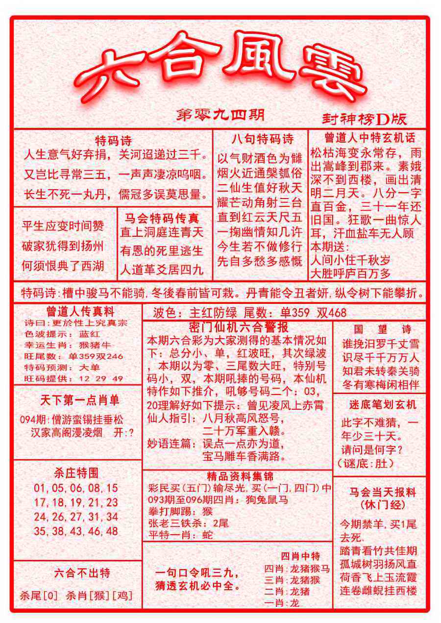 六合彩094期六合风云A面