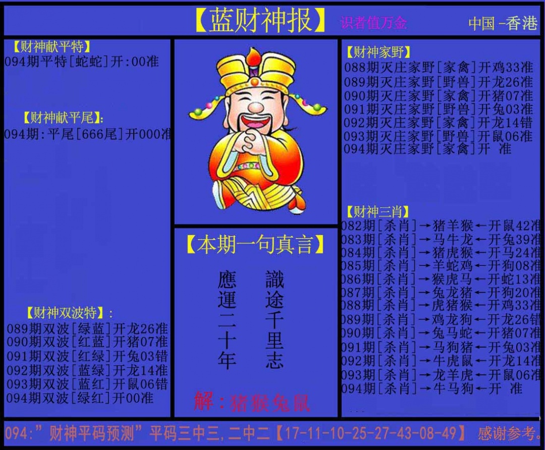 六合彩094期蓝财神